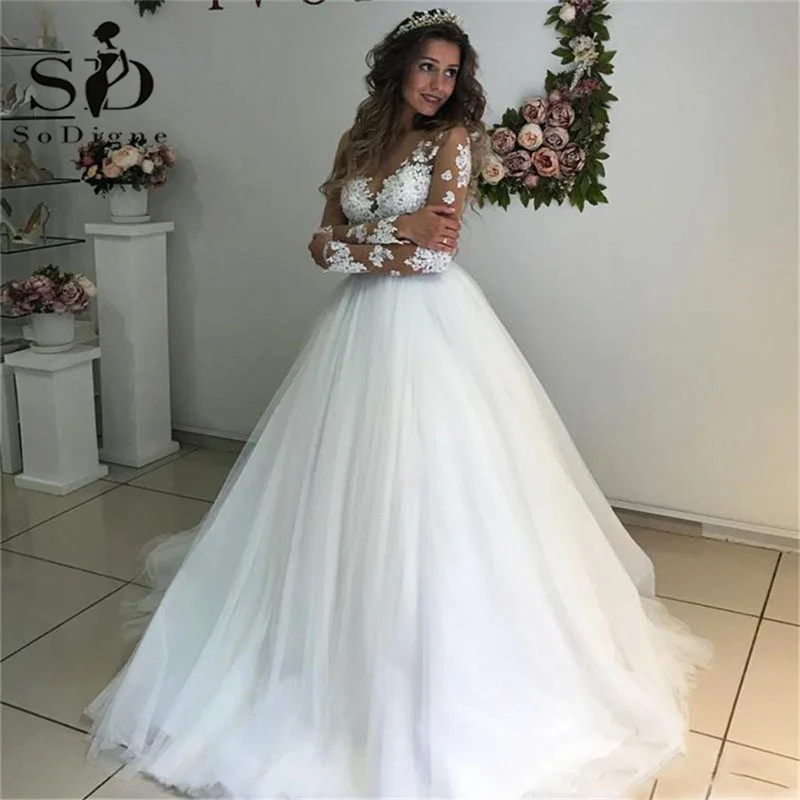 Sodecore Boho Abiti Da Sposa A Maniche Lunghe Appliques Di Pizzo Una Linea Abito Da Sposa Di Lusso Illusion Tulle Abiti Da Sposa Da Donna
