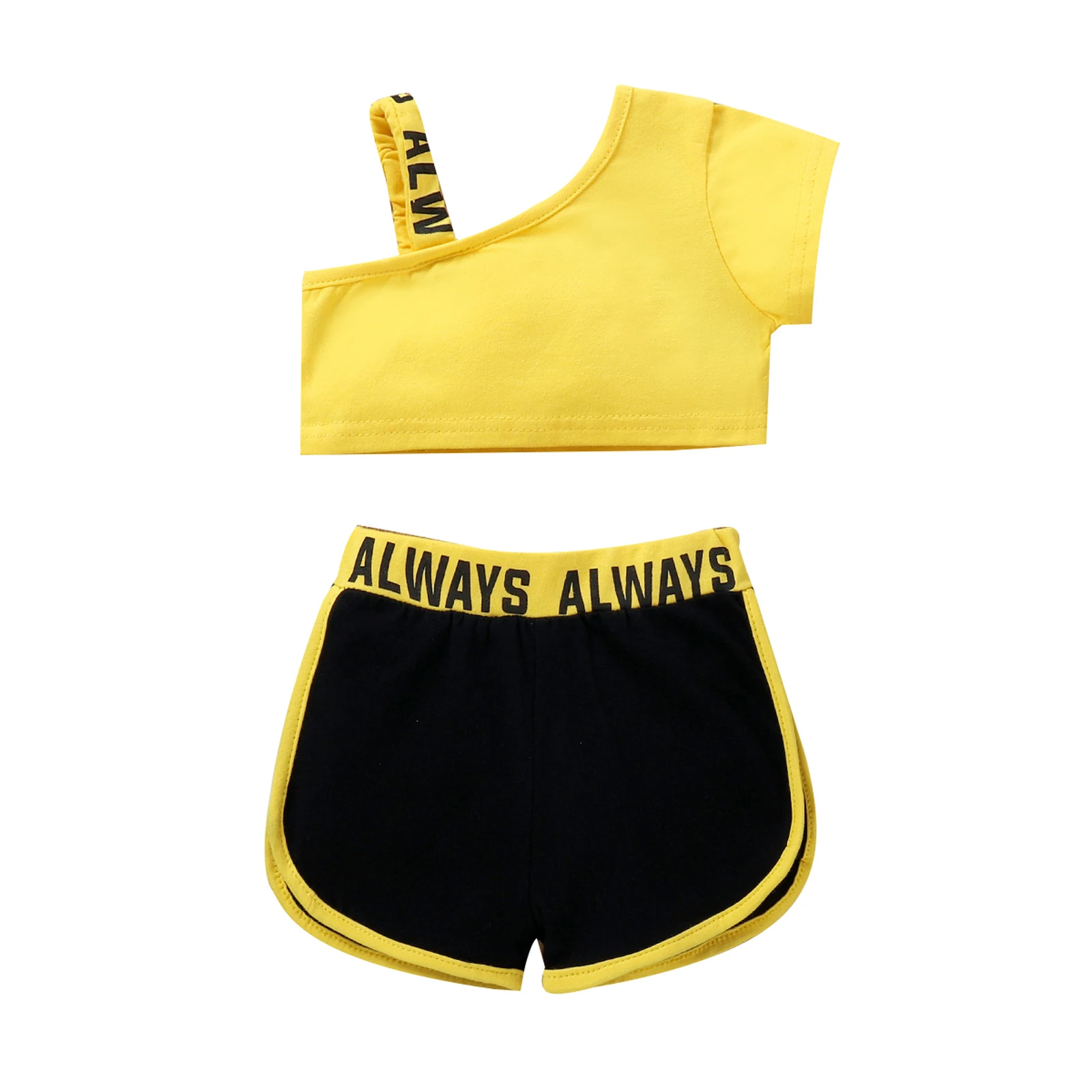 

Летний комплект для малышей из 2 предметов, укороченный топ на одно плечо с буквенным принтом и короткими рукавами и шорты с эластичной тали...