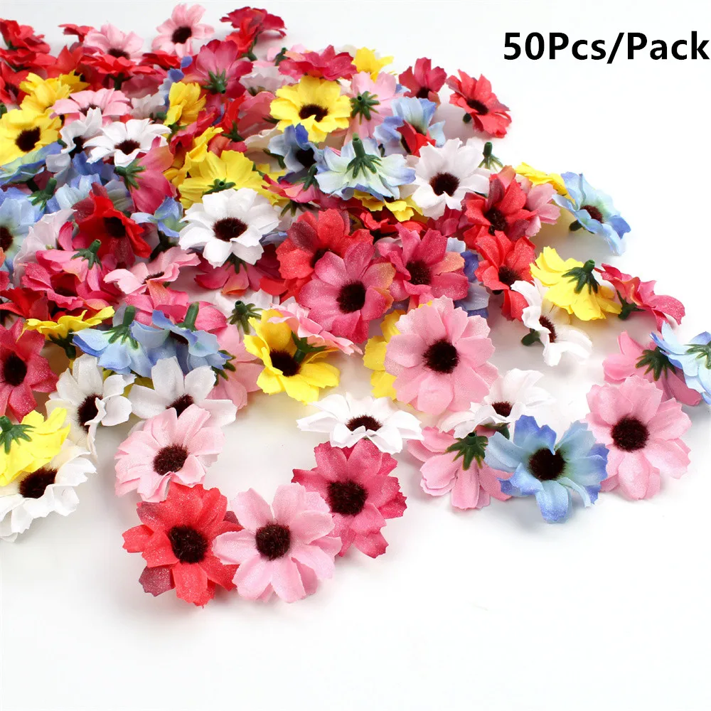 

50Pcs/Pack 4cm Artificial Silk Multicolor Daisy Flower Heads For Wedding Party Home Decoration DIY Garland Headdress Fake Flower