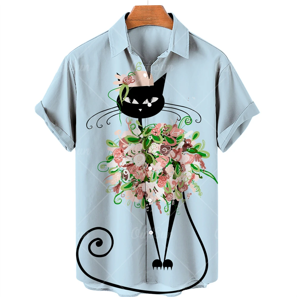 

Casual Retro Ethnic Shirt Men's Fashion Loose Hawaiian Kitten Print Short-sleeved Lapel Shirt Camisas Para Hombre