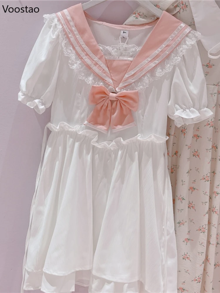 

Sweet Preppy Style Lolita Mini Dress Women Cute Bow Puff Sleeve Ruffles Sailor Collar Party Dresses Summer Female Kawaii Vestido