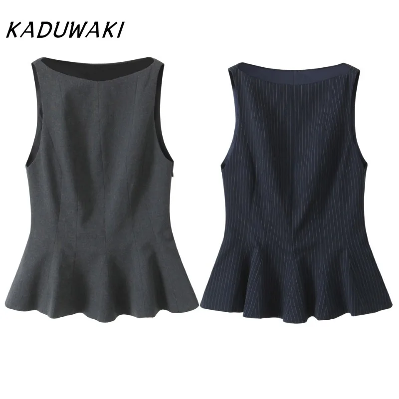 KADUWAKI модный ретро-блейзер в полоску без рукавов с U-образным вырезом повседневный