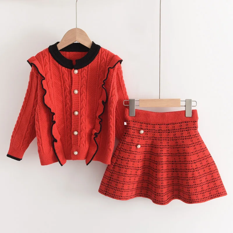 Winter Spring Unhooded Cotton Single Breasted Skin Color Plaid Round Neck Women Sweater Set Long Sleeve Lace