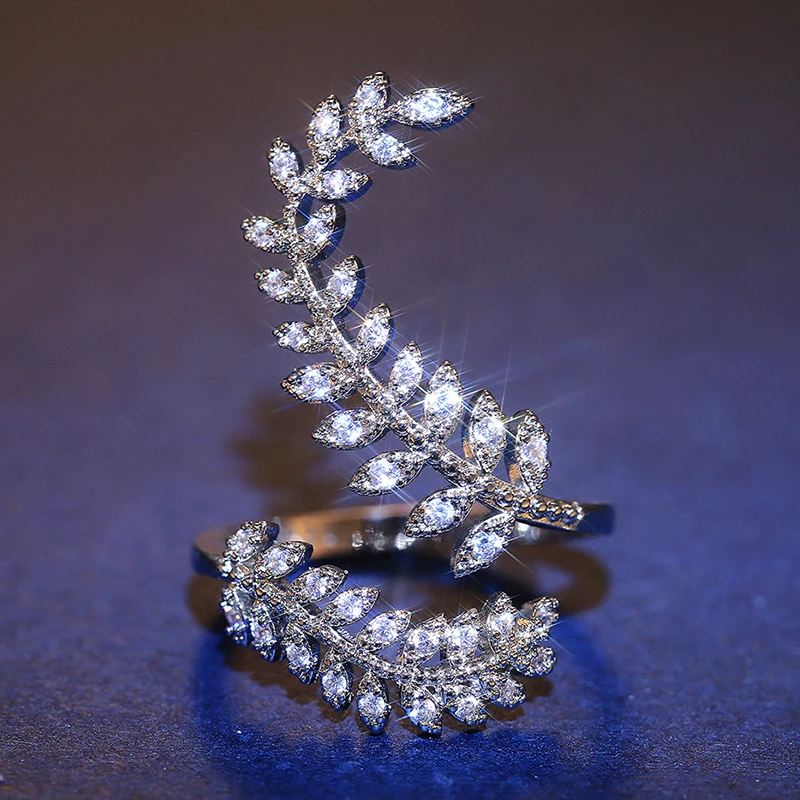 

Luxury White Leaf CZ Crystal Jewelry Silver Plated Plant Engagement Open Rings Charm Bride Zircon Wedding Band Rings for Women