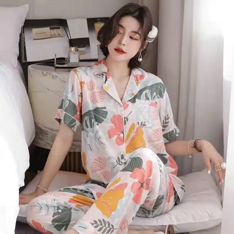 2022 New Flower Pajamas Women's Casual Loose Short Sleeved Trousers Cardigan Home Clothes Lady Sleepwear Female Nightwear