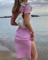 dresses for women 2021 pink solid color close fitting slit dress turn down collar short sleeve ribbed knitted women summer