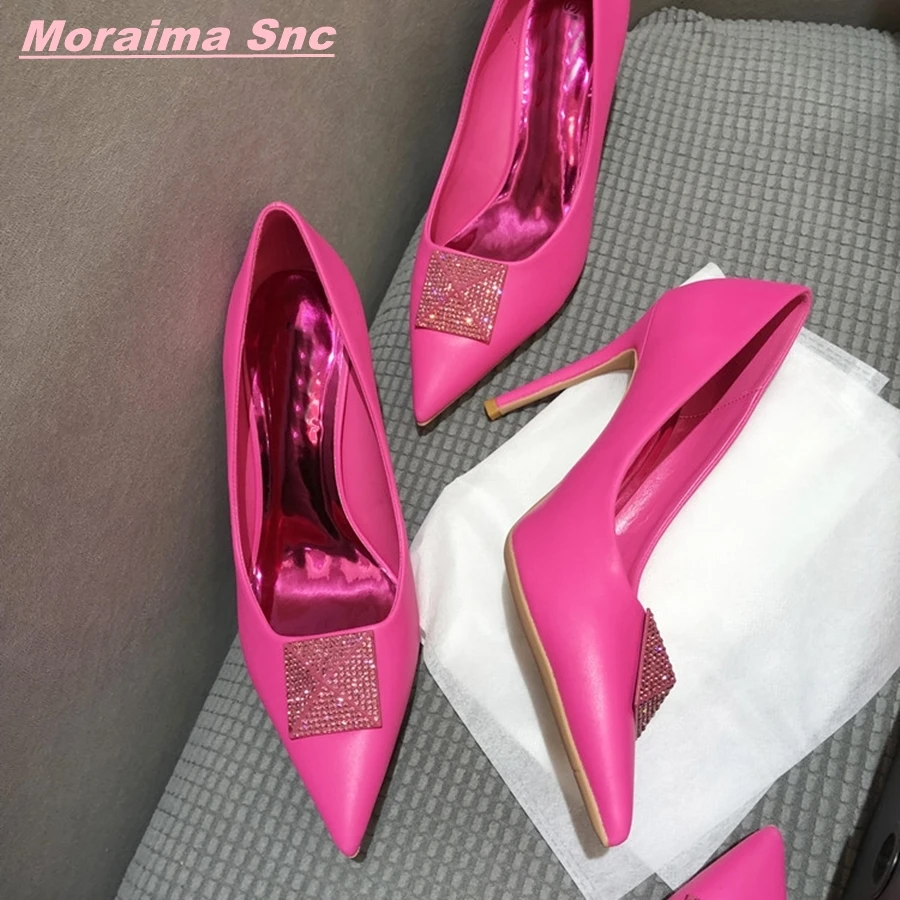 Rosered Rhinestone Glitter Women Fashion Summer Pumps Square Buckle Pointed Toe Solid Luxury Slip On SexyStiletto  Heel Shoes