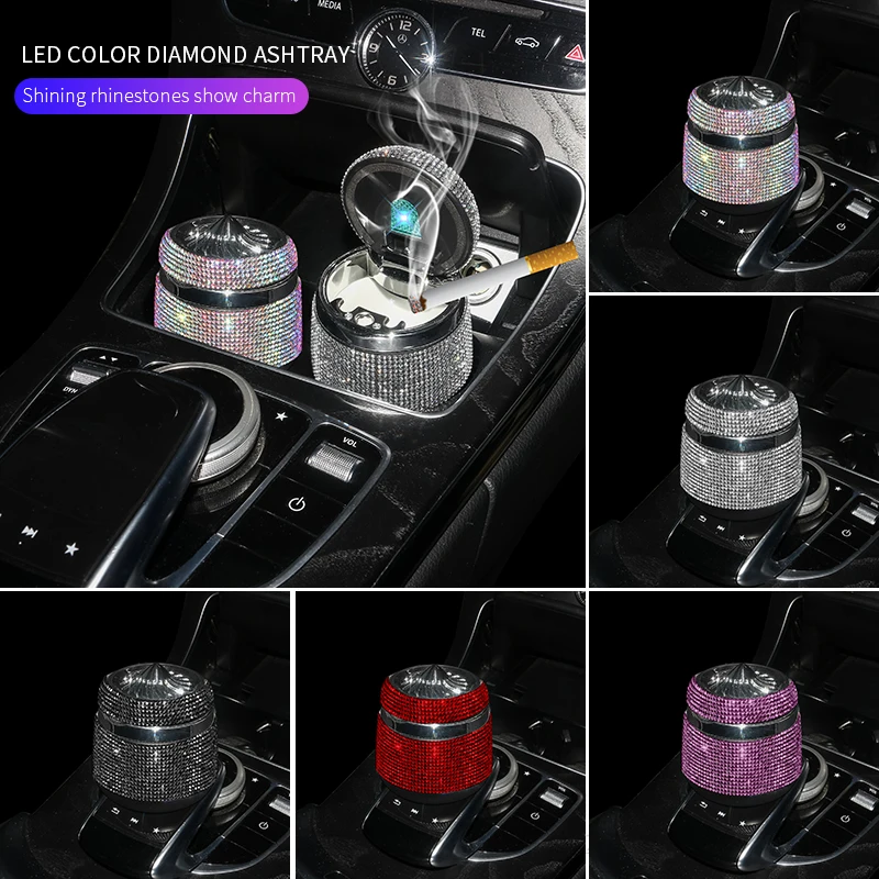 

2022 Universal Car Ashtray with Led Lights with Cover Crystal Ashtray Creative Cigar Holder Bling Car Accessories for Girls