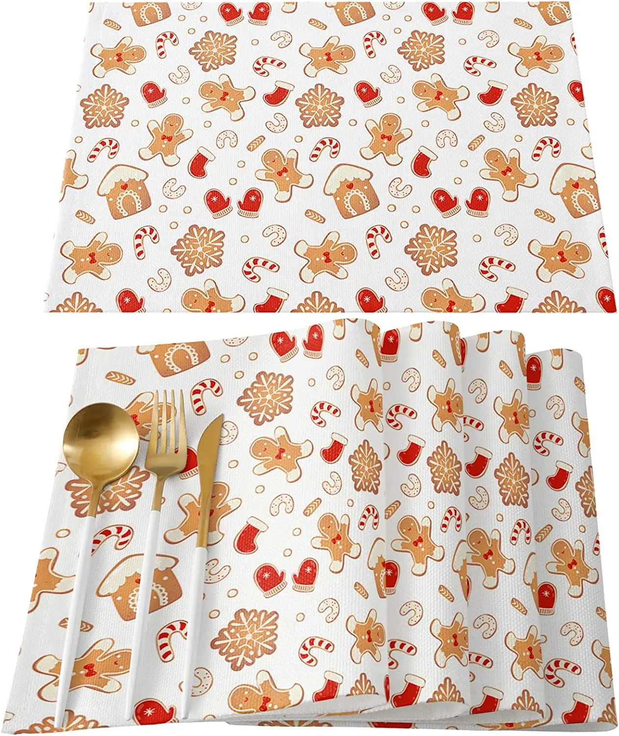 

Placemats Set of 4 Gingerbread Man Snowflake Place Mats Candy Cane Heat Resistant Washable Kitchen Tablemats for Christmas