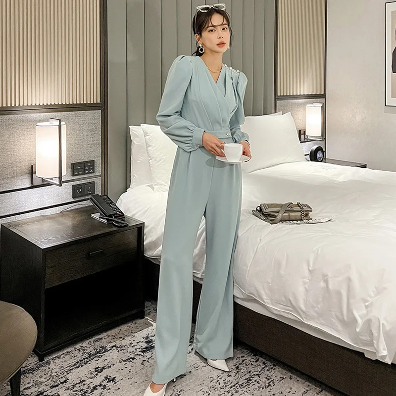 Elegant V-neck Women Jumpsuits Long Sleeve Slim Female Overalls 2023 New Spring Office Ladies Playsuits Monos Mujer Elegante