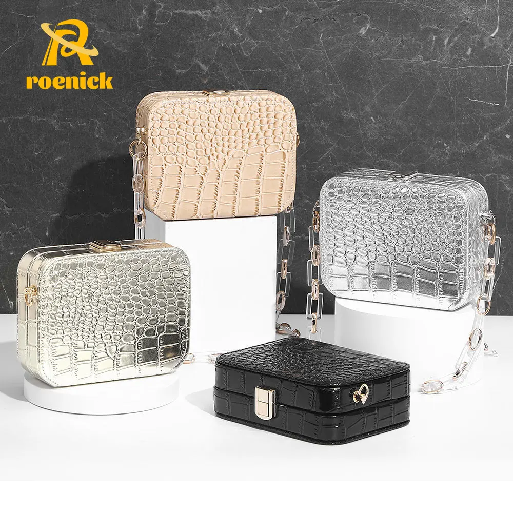 

ROENICK Women Crocodile Box Banquet Evening Bags PU Dinner Cocktail Chain Shoulder Totes Black Luxury Designer Handbags Purses