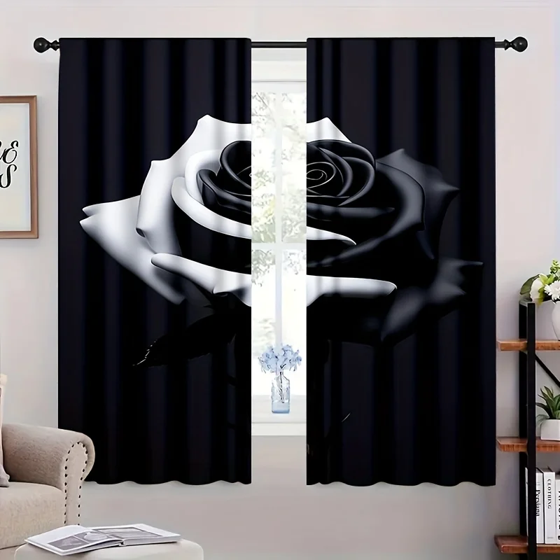 

Термостойкие черные-белые шторы с розой, 2 шт.