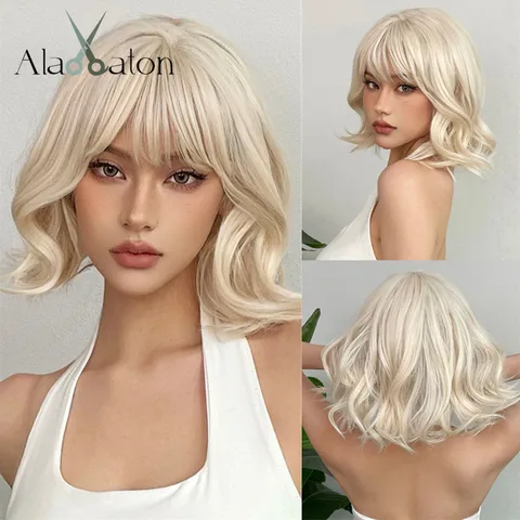 Парик ALAN EATON Platinum с короткими волнистыми волосами, искусственные светлые синтетические волосы с челкой для женщин, термостойкий, для косплея, Лолита