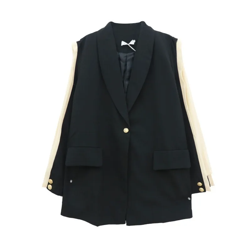 French Elegant Blazer Suit Women Patchwork Long Sleeve Blazer Tunic with Belt Black Beige Classic Streetwears Indie Fashion New
