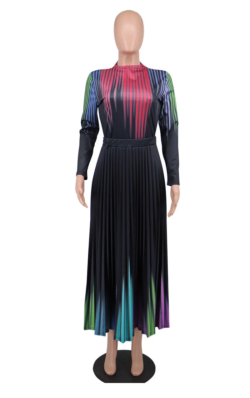 Plus Size Dress Women's Long Sleeve Print Pleated Skirt Spring Lady OL Commuter Loose Large Fashion High Waist Elegant Dresses