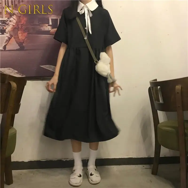 

N GIRLS Dresses Women Peter Pan Collar Casual Tender Ladies Elegant Girls Puff Sleeve Empire A-line Classy Ulzzang Lace-up New