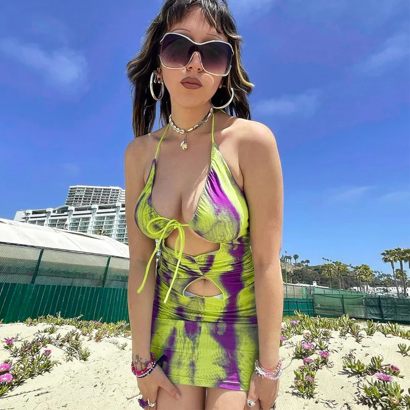 

2022 Summer Sexy Halter Hollow Lace-up Dress Women Clothes Y2k New Fashion Print Beach Holiday Streetwear Party Club Mini Dress
