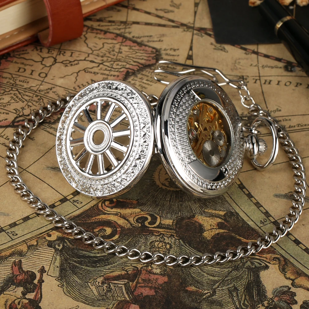 Exquisite Silver/Gold Manual Mechanical Pocket Watch Hub Skeleton Roman Numeral Dial Gentleman Vintage Pendant Pocket Timepiece