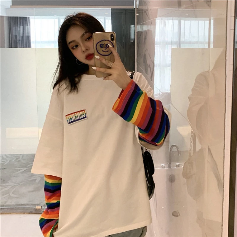 

Spring Pullover Women Rainbow T-shirt Stripe Long-sleeved Tops Female Autumn Y2k Loose Gothic Harajuku Female Kawaii T-shirt