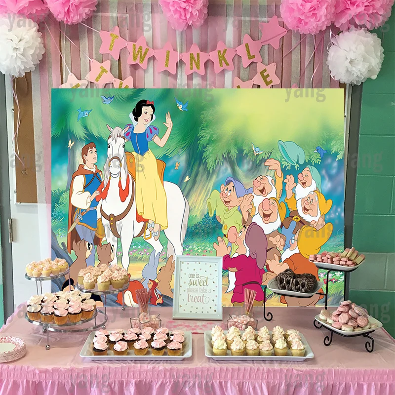 Cute Snow White Princess Seven Dwarfs Disney Support Customize Wall Cloth Baby Shower Kids Birthday Party Backdrops Background enlarge
