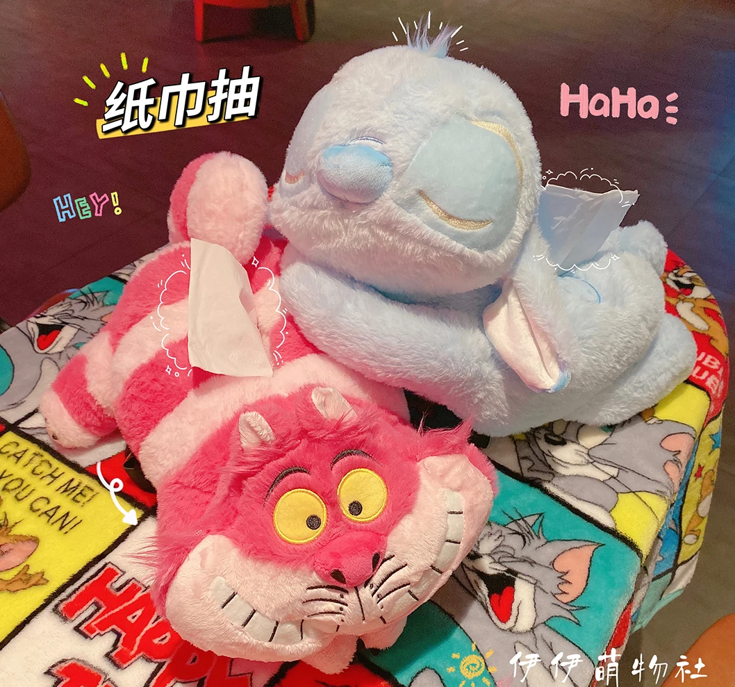Disney Stitch Plush Peluche Cheshire Cat Plush Car Tissue Box Hanging Paper Napkin Nana Plush Doll Portable Paper Box Gift