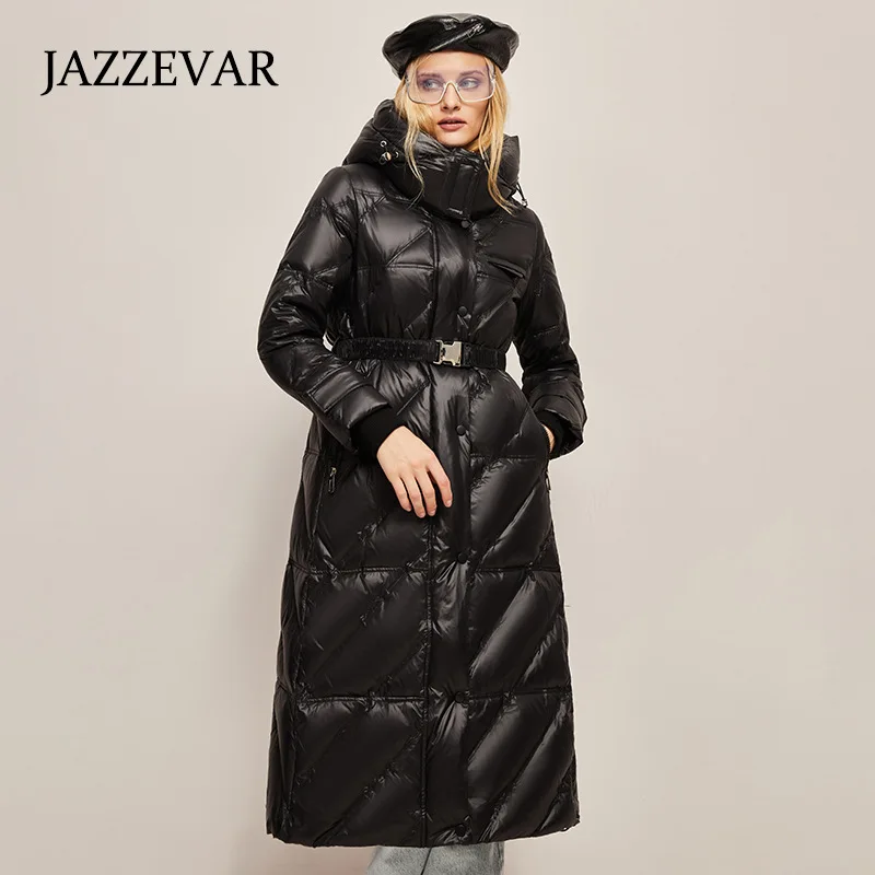 JAZZEVAR Winter 2022 New Thickened Windbreak Hooded Down Jacket Long Waist Slim White Duck-down Women