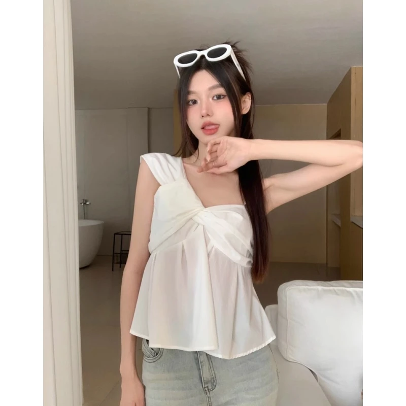 

T Shirt For Women White Sling Printing Off Shoulder Personalized Summer Fashion Y2K Chic 2023 Female Clothing Short Shirt Tops