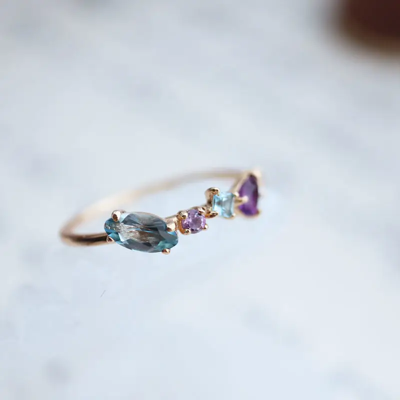 

[Colorful] Japanese Nojess Spring New Topaz Amethyst White Crystal Ring S925 Sterling Silver Gold-plated