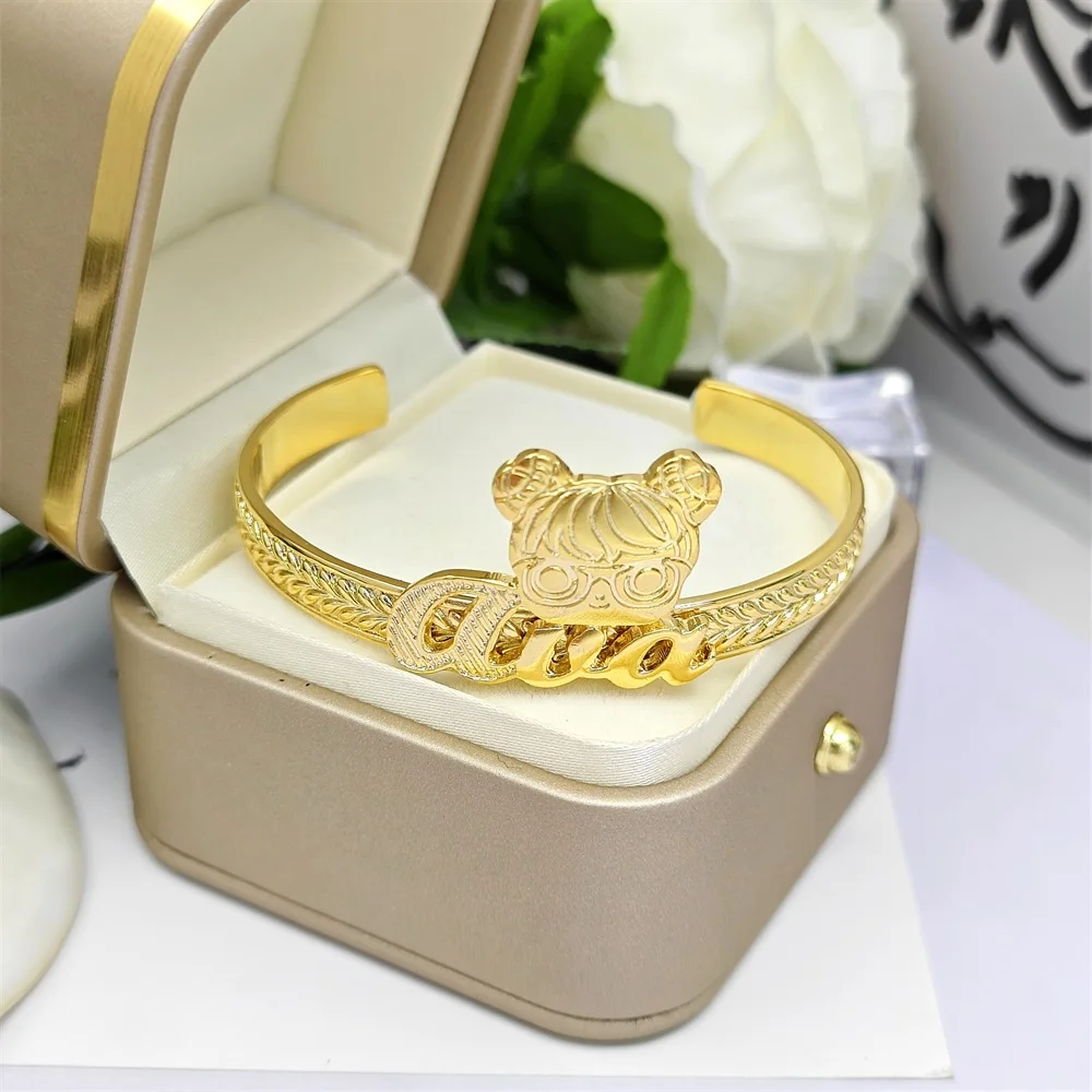

2023 Customize Cute Cartoon Characters Cuff Bangle Personalized Gold Plated Chunky Name Open Bangle For Women Girl Jewelry Gifts