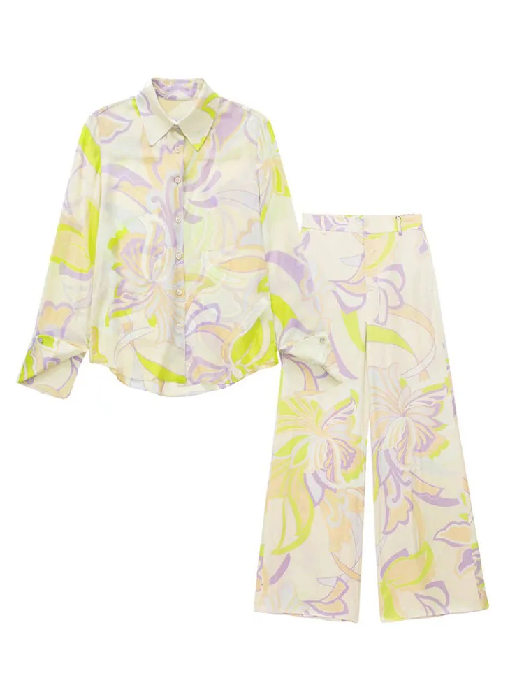 

Women 2022 New Fashion Floral Print Loose Asymmetric Blouses Vintage Long Sleeve Button-up Female Shirts Blusas Tops+pants suit