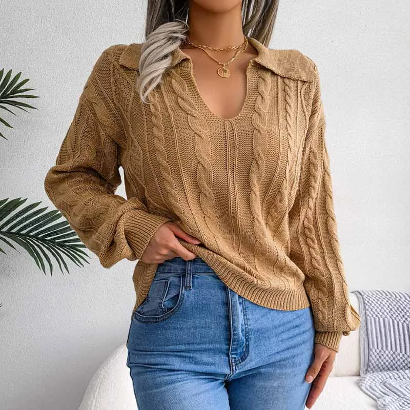 

Модный пуловер с лацканами, свитер, женские осенне-зимние топы с длинным рукавом-фонариком, повседневный Женский вязаный джемпер с переплетением, Свитера 23760