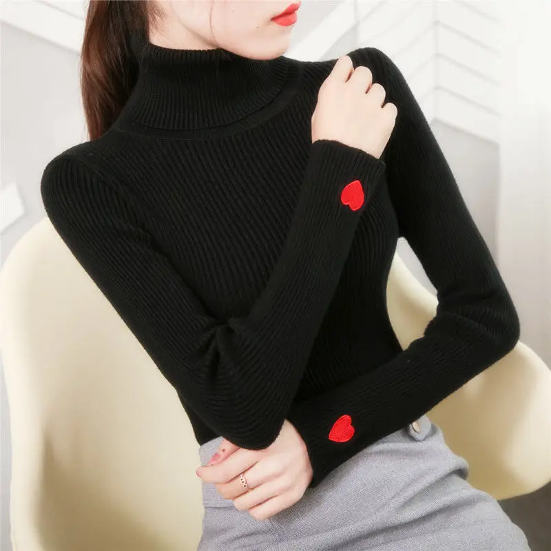 Новинка Осень-зима свитер с вышивкой Love высоким воротником однотонные