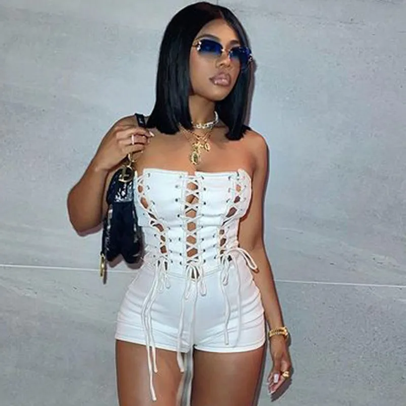 White Black Playsuits Women Shorts Summer Off Shoulder Eyelet Lace-up PU Leather Jumpsuit Sexy Night Club Bandage Romper Body
