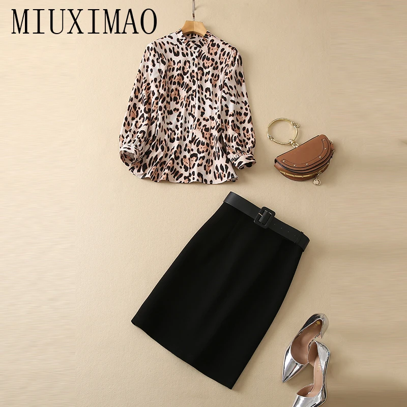 MIUXIMAO 2023 High Quality Spring&Summer Elegant Set Long Sleeve Leopard Shirt +Skirt Fashion Casual Two Piece Set Women Vestide
