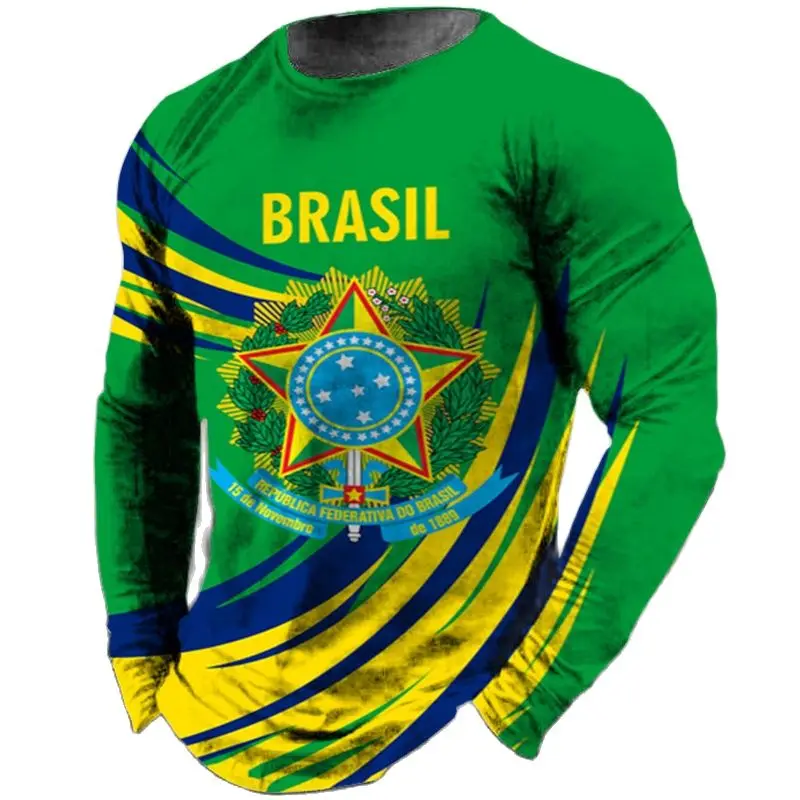 Купи EU 5XL Graphic Vintage Brasil Flag Men's Long Sleeve T-Shirt Cotton Loose Top T-Shirt Men's T-Shirt Spring Plus Size Men's за 744 рублей в магазине AliExpress