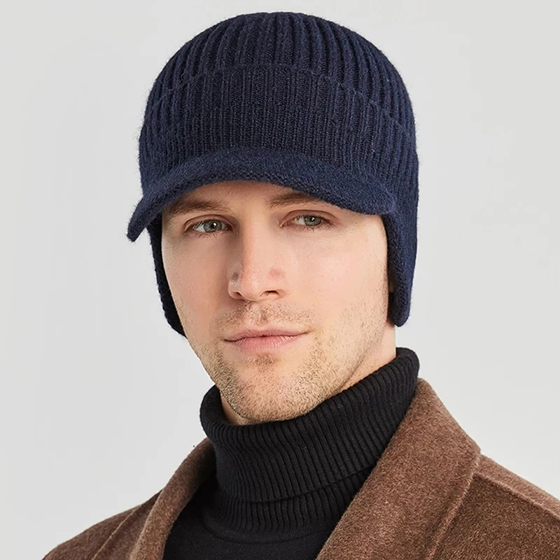 

Short Brim Hat Men Winter Knitted Ear Protection Cap Think Wool Beanies Bonnet Snapback Cap Outdoor Cycling Plush Keep Warm Hat