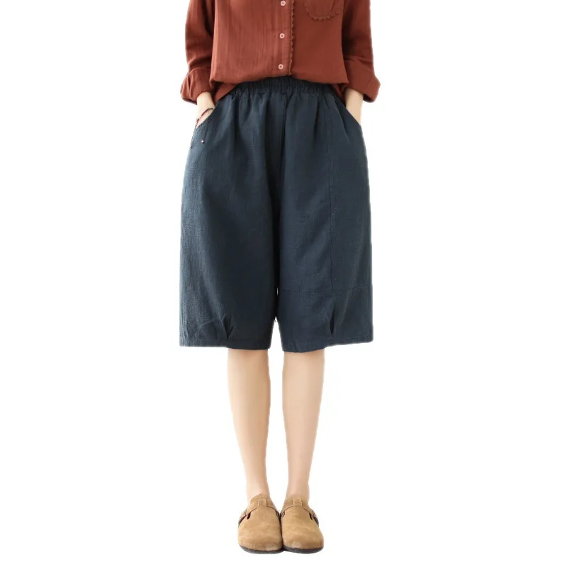 Cotton Linen Capris Elastic Waist Trousers Casual Loose Shorts Women Solid High Waist Pocket Wide Leg Pants 2023 Summer New