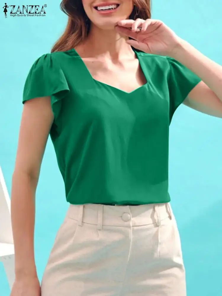 

2023 ZANZEA Women Fashion Flounce Tops Casual Office Work Shirt Solid Party OL Blusas Chemise Elegant Summer Short Sleeve Blouse