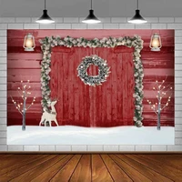 Winter Christmas Red Barn Door Photography Backdrop Merry Xmas Rustic Farm Wooden Wall Trees Snowy Background Holiday Events