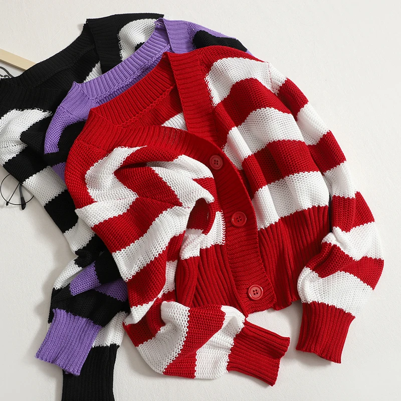 

Hikigawa шикарный модный женский полосатый свитер с V-образным вырезом и длинным рукавом Осенний однобортный Свободный вязаный кардиган короткое пальто женский топ