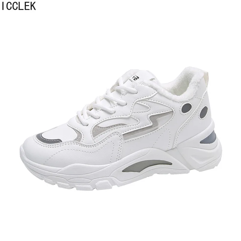 

Fur Warm Women's Chunky Sneakers Thick Bottom Platform Vulcanize Lace Up Casual Running Shoes for Woman Female 2022