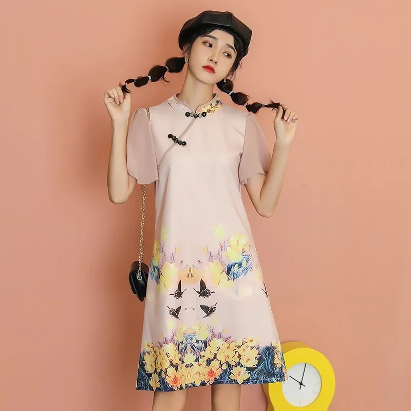 

Cheongsam Dress Woman Summer 2023 New Chinese Dress Qipao Cute Print Plus Size Summer Clothes Girls Midi Oriental Dress 10593