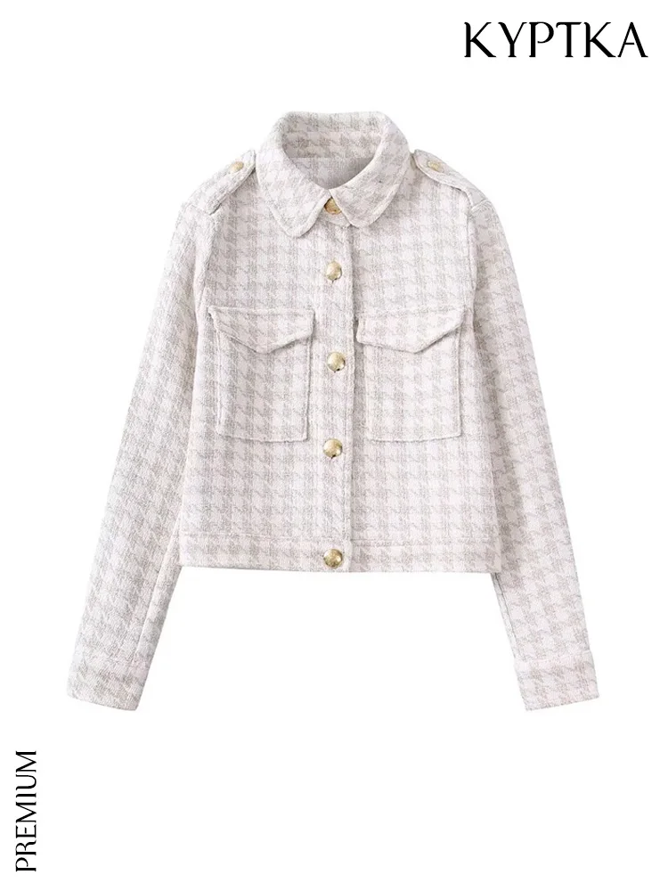 

KYPTKA Women Fashion With Pockets Tweed Checked Jacket Coat Vintage Long Sleeve Front Buttons Female Outerwear Chic Tops