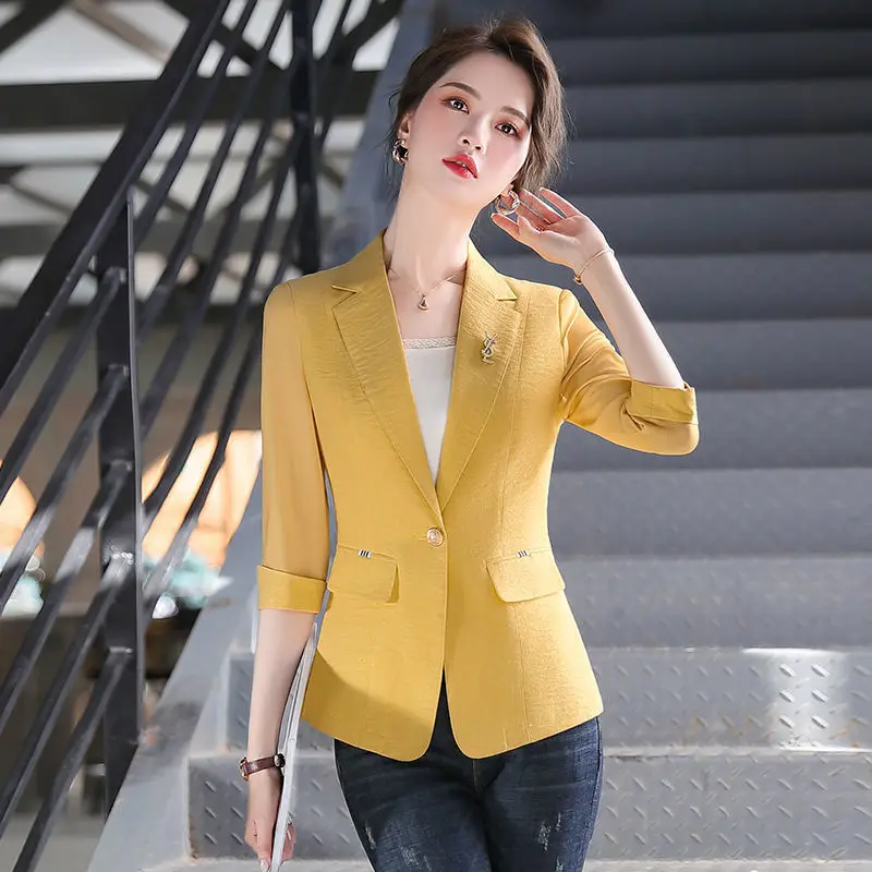 Thin Small Suit Jacket Women's Spring and Summer 2023 Korean Version Slim Mesh Thin Short Seven-sleeve Suit Blouse