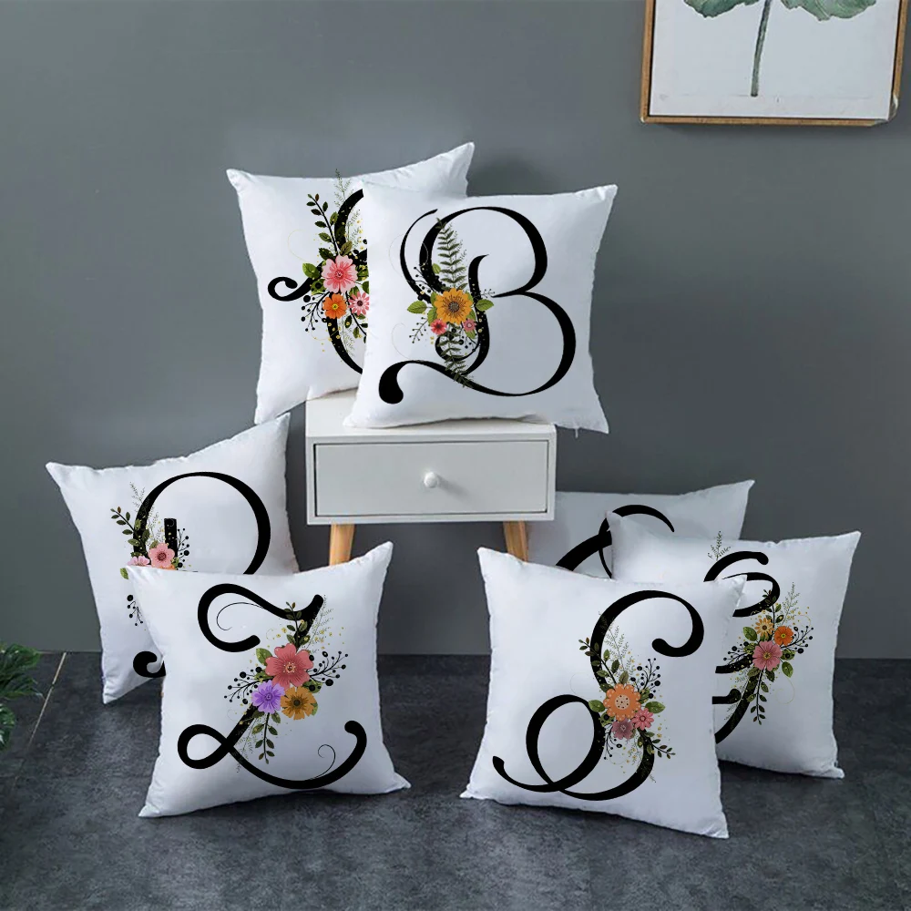 

Black Letter English Alphabet Print Pillow Case with Flower Cushion Throw Cover for Sofa Home Decor Room Decoration 45x45cm