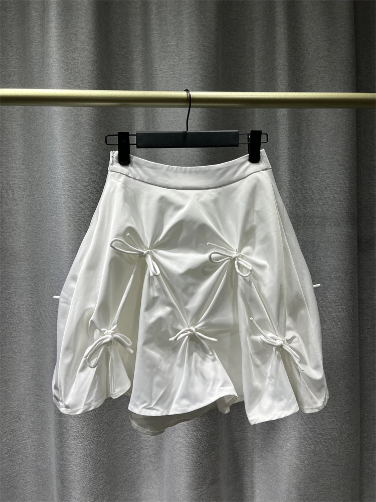 

Skirt Women 2022 Summer New Casual Solid Color Short Skirt Side Zipper Placket Elastic Back Waist Full Body Lace Up Bow Trim