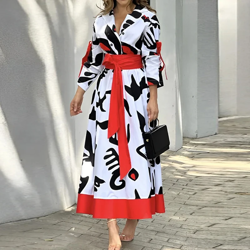 

Повседневное платье на шнуровке с отворотом, Модное Длинное Платье-рубашка с принтом для женщин, Осеннее богемное яркое платье