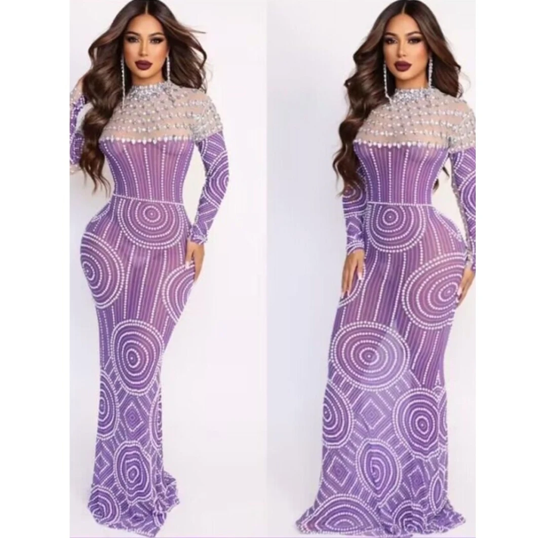 

Violet Colour Shining Big Rhinestone White Rivet O-neck Mermaid Long Dress Sexy Package Hip Celebrate Birthday Evening Dressay