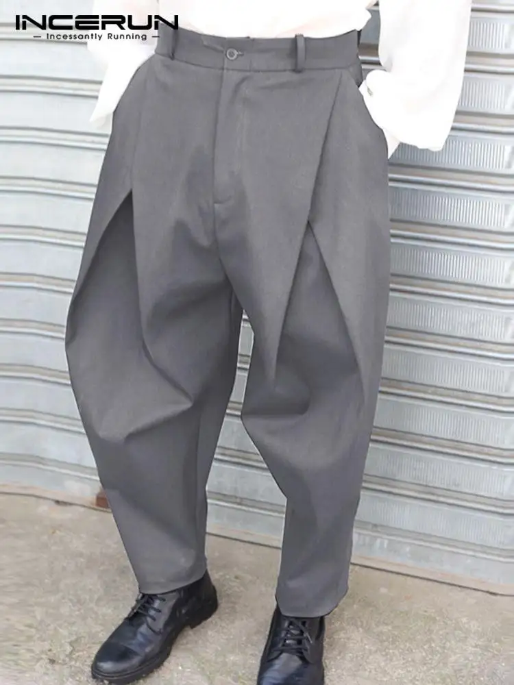 

INCERUN Fashion Men Pants Solid Color Button Joggers Baggy Trousers Men 2023 Folds Streetwear Pockets Casual Long Pants S-5XL