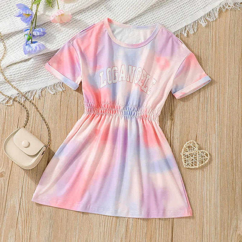 

Summer 2022 New Arrivals Girls Short Sleeve Letter Tie-dye Pink Muti Roupa Infantil Menina Cute Party Dress Custume 4-7T